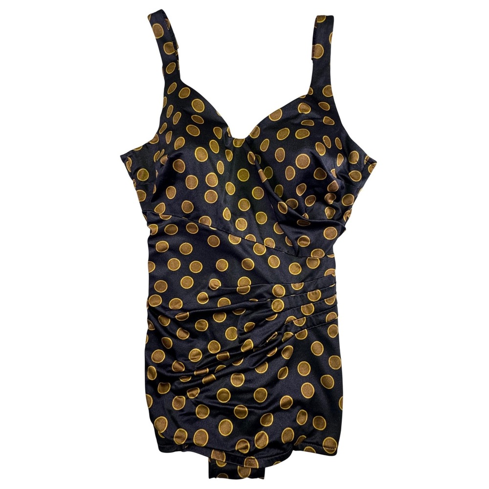 Maxine of Hollywood Vintage Swimsuit Black Gold Polka Dot Ruched One Piece USA